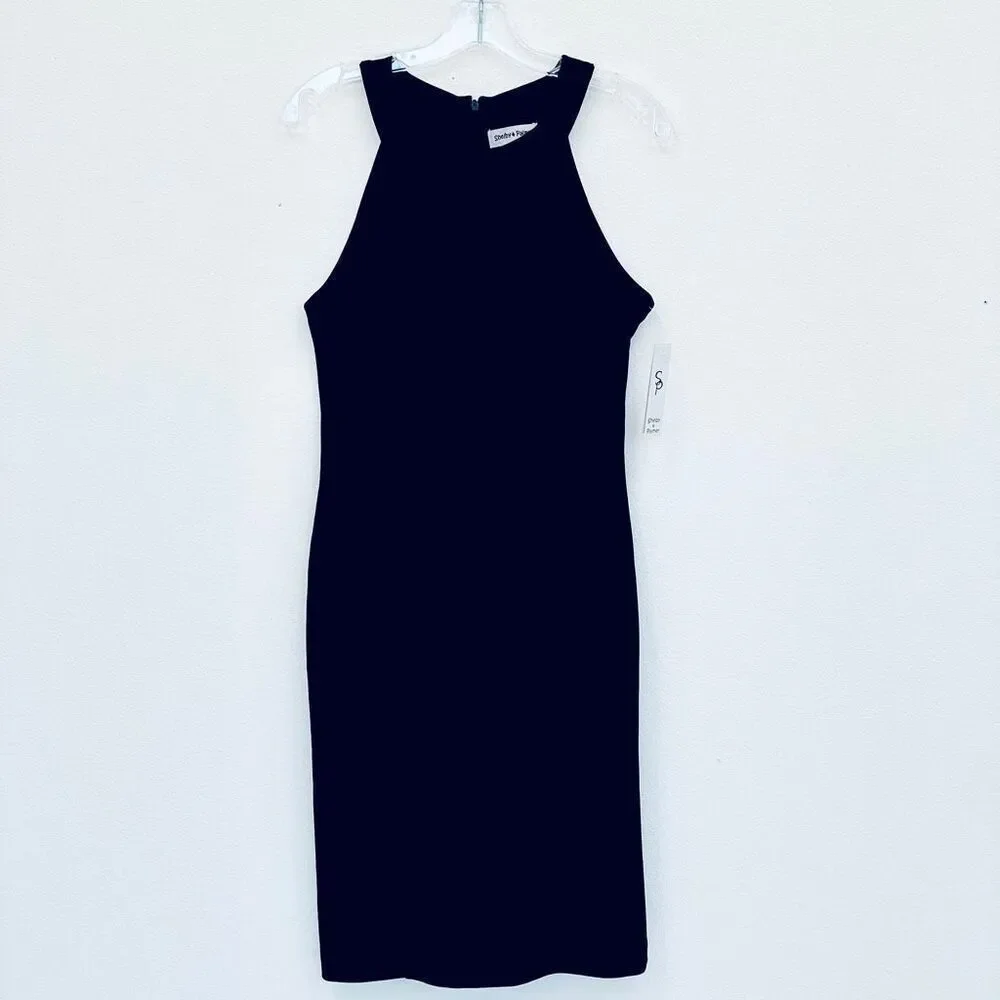 NWT Shelby & Palmer Black 6 Black Ruffled Halter  Sleeveless Stretch Midi Dress